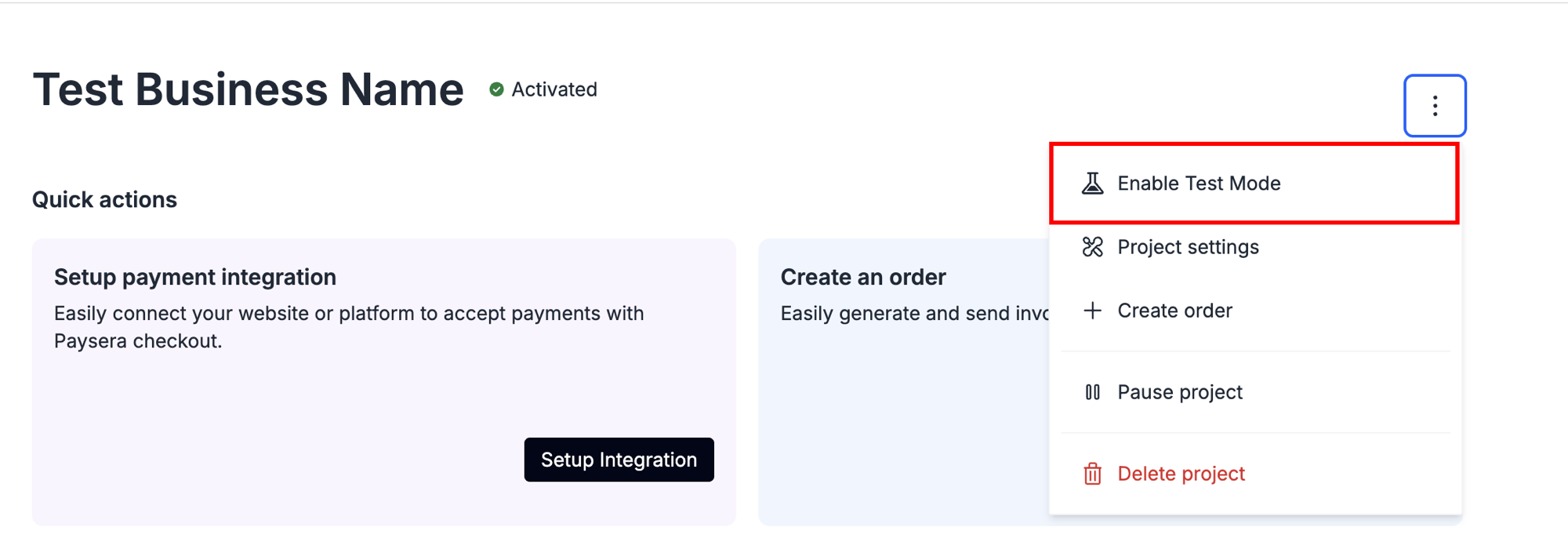 Paysera Checkout - Enable Test Mode in the project actions menu